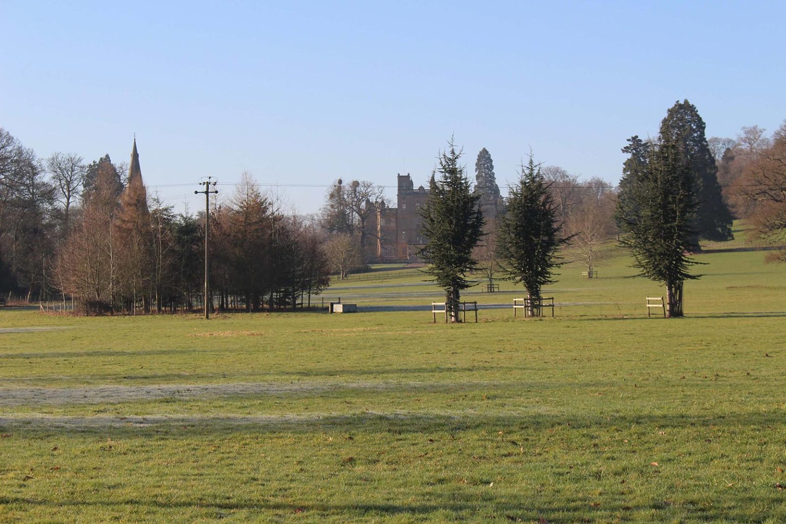 filming location in England with parkland and fields at Englefield Estate